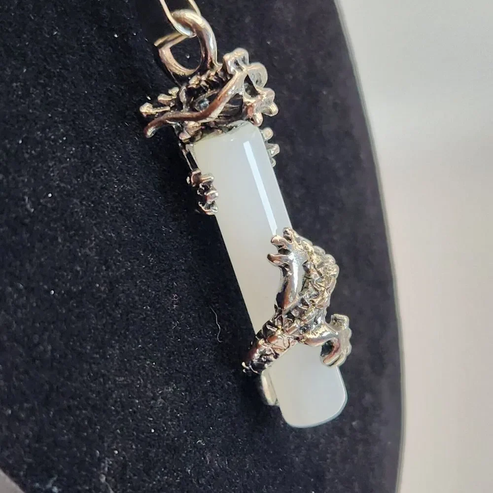 Stainless Steel‎ Necklace Silver Dragon Wrap Around Clear Crystal Stone Pendant